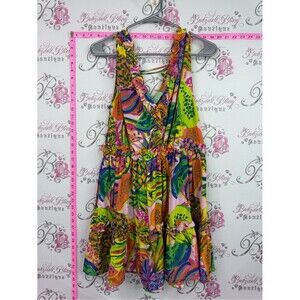 Free destinations dress Vibrant Tropical Print Ruffle Midi Dress - Pink & Green